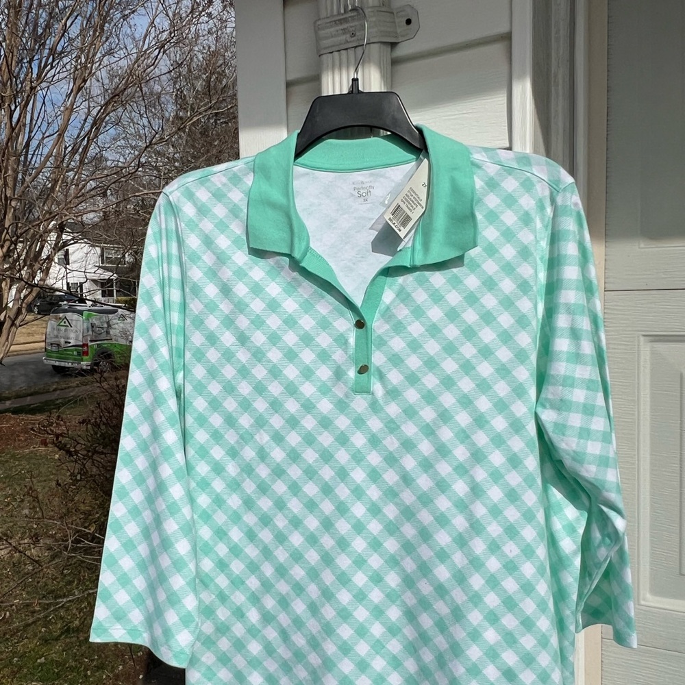 NWT Kim Rogers Cute Green White Gingham Check 3/4 Sleeve Cotton Top - Picture 2 of 4